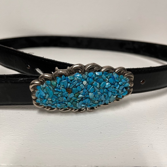 Black Leather Belt with Turquoise Stone Buckle main image 6